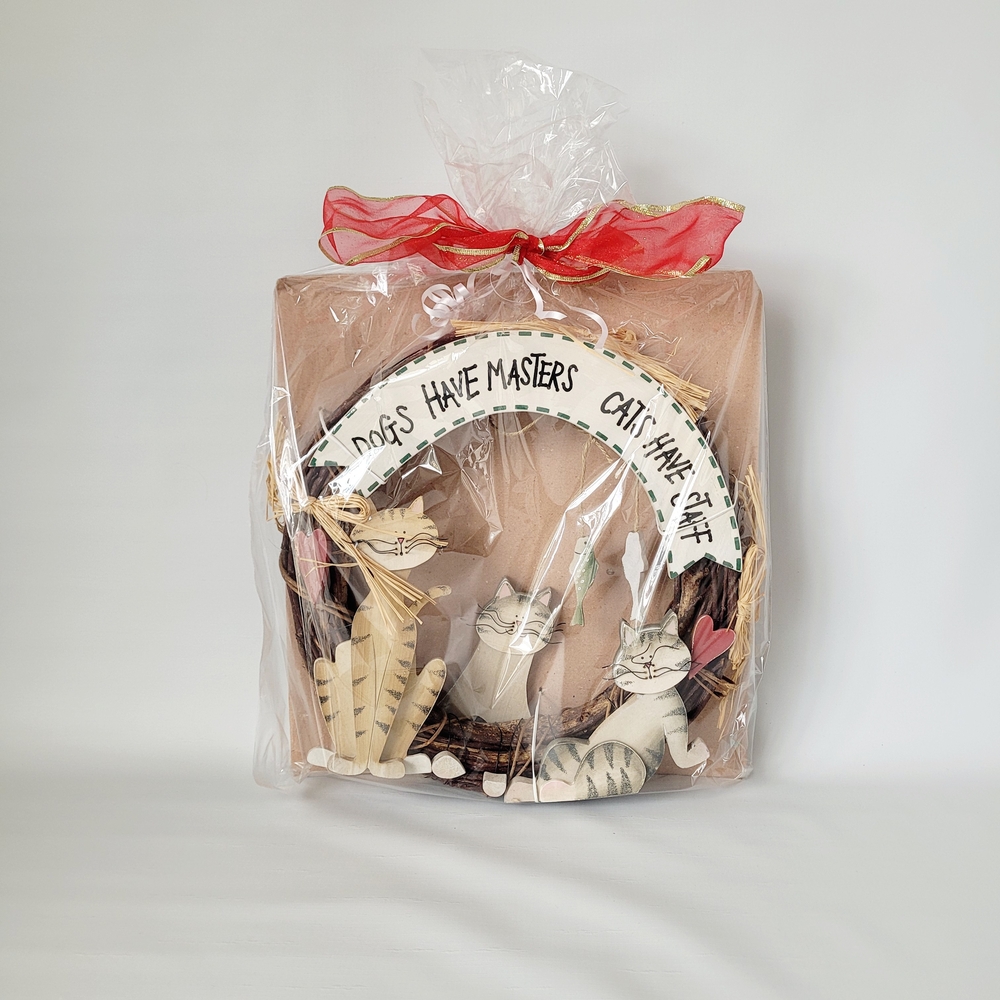 Gift Ready Handmade Cat-Themed Wreath with Red Ribbon